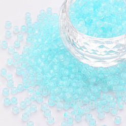 Light Blue 8/0 Transparent Glass Seed Beads, Round Hole, Frosted Inside Colours, Round, Light Blue, 3~4x2~3mm, Hole: 0.8mm, about 15000pcs/Pound