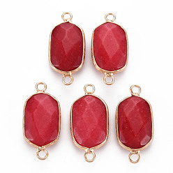 Red Natural White Jade Link Connectors, with Golden Plated Brass Edge and Loop, Faceted, Dyed, Oval, Red, 29x13x6~7mm, Hole: 2mm