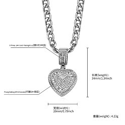Серебро Латунные микропаве из прозрачных кубических цирконий с подвеской в виде сердца, витая цепочка для женщин, серебряные, 19.69 дюйм (50 см), Кулон : 34x20 мм