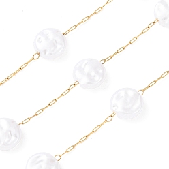 Золотой 304 Цепи из нержавеющей стали и АБС-пластика с плоскими круглыми бусинами, ионное покрытие (ip), пайки, с катушкой, золотые, 8x3.5 мм