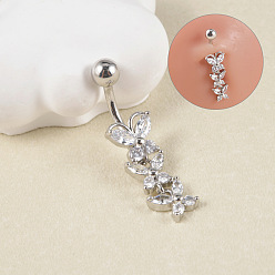 Прозрачный 304 кольца из нержавеющей стали живота, с микро проложить кубического циркония, бабочка, цвет нержавеющей стали, прозрачные, штифты : 10x1.6 мм