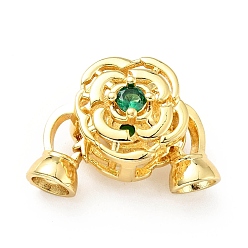 Golden Rack Plating Brass Green Cubic Zirconia Fold Over Clasps, Cadmium Free & Lead Free, Long-Lasting Plated, Flower, Golden, Flower: 14x14mm, Clasp: 11x6mm, Inner Diameter: 4mm