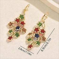 Colorful Bohemian Brass Leverback Earrings, Flower, Glass Tassel Earrings for Women, Golden, Colorful, 69x29mm