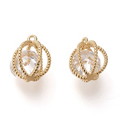 Golden Brass Cubic Zirconia Pendants, Long-Lasting Plated, Lantern, Clear, Golden, 11.2x9x7.6mm, Hole: 1mm