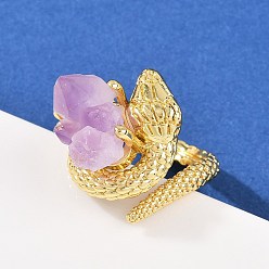 Аметист Открытые кольца-манжеты из натурального змеиного аметиста, латунные регулируемые кольца для женщин, долговечный, золотые, внутренний диаметр: 18x21 мм