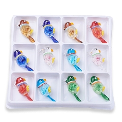Mixed Color Handmade Lampwork Big Pendants, Parrot, Inner Flower, Mixed Color, 59x27x12mm, Hole: 5mm, 12pcs/box