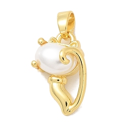 Cat Shape Стойки обшивки латунные подвески, с ABS имитации жемчуга, долговечный, без свинца и без кадмия, реальный 18 k позолоченный, форма кошки, 16x10x6 мм, отверстие : 4x2.5 мм