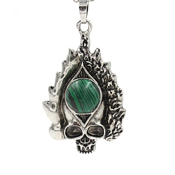 Малахит Природные малахит большие подвески, старинные латунные подвески с черепом серебристого цвета, 50x30x11 мм