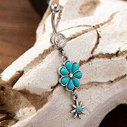 Цветок Ковбойская тема 304 изогнутые кольца для живота в форме штанги из нержавеющей стали с паве из синтетической бирюзы, античное серебро, цветок, 56x14 мм