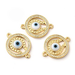 White Rack Plating Real 18K Gold Plated Brass Micro Pave Clear Cubic Zirconia Connector Charms, Flat Round Links with Evil Eye, with Handmade Lampwork, Cadmium Free & Lead Free, Long-Lasting, White, 24x18.5x3.5mm, Hole: 1.5mm