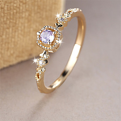 Clear Brass Micro Pave Cubic Zirconia Finger Rings, Rectangle, Golden, Clear, US Size 7(17.3mm)
