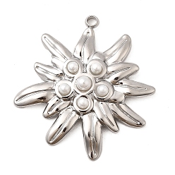 Нержавеющая Сталь Цвет 304 подвески из нержавеющей стали, цветочный шарм, с абс пластмассовой имитационной жемчужиной, цвет нержавеющей стали, 40x37.5x6 мм, отверстие : 2.5 мм