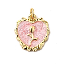 Pink Латунь эмаль подвески, долговечный, без свинца и без кадмия, с целью перехода в кольце, сердце с розовым шармом, стойки покрытие, реальный 18 k позолоченный, розовые, 16x14.5x1.5 мм, отверстие : 3.5 мм