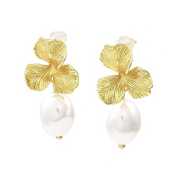Real 18K Gold Plated Flower Brass Stud Earrings, with Plastic Pearl Beads, Long-Lasting Plated, Lead Free & Cadmium Free, Real 18K Gold Plated, 33x16.5mm