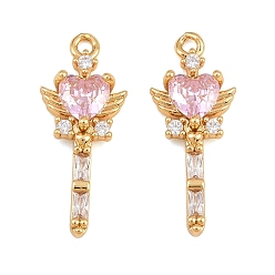 Pink Brass Micro Pave Cubic Zirconia Pendants, Magic Wand with Heart & Wing Charms, Real 18K Gold Plated, Pink, 21x8.5x3.5mm, Hole: 1.4mm