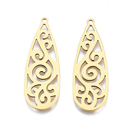 Золотой Ионное покрытие (ip) 201 подвески из нержавеющей стали, лазерная резка, слеза, золотые, 34x12x1 мм, отверстие : 1.4 мм