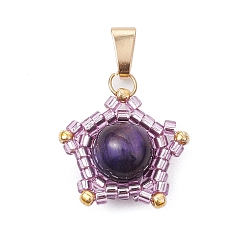 Лиловый Подвески в виде звезд из натурального тигрового глаза (окрашенного и нагретого) и стеклянных бусин ручной работы, с 304 защелкой из нержавеющей стали на поручнях, золотые, сирень, 18x17x8 мм, отверстие : 6x2.8 мм