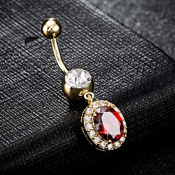 Красный Пирсинг украшения, кольцо пупка из экологически чистой латуни с фианитом, кольца живота, со штангой из хирургической нержавеющей стали, реальный 18 k позолоченный, овальные, красные, 37x10 мм, бар: 15 калибр (1.5 мм), длина стержня: 3/8"(10мм)