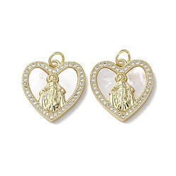 Сердце Латунные микро проложить кубического циркония подвески, без кадмия и без свинца, с оболочкой, образец Девы Марии, реальный 18 k позолоченный, сердце, 18.5x18x3 мм, отверстие : 3 мм