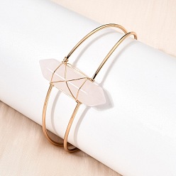 Розовый Кварц Браслеты-манжеты для женщин из натурального розового кварца с шестиугольными заостренными концами, обмотанные латунной проволокой., внутренний диаметр: 2.34x1.79 дюйм (5.95x4.55 см)