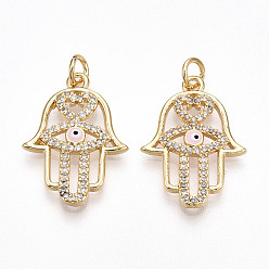 Прозрачный Латунные микро проложить кубического циркония подвески, без кадмия и без свинца, с эмалью, реальный 18 k позолоченный, с целью перехода в кольце, Хамса руку с дурным глазом, прозрачные, 23x16.5x3 мм, отверстие : 3 мм