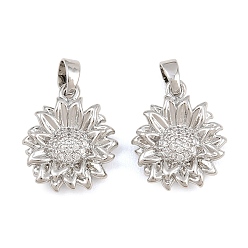 Platinum Brass Micro Pave Clear Cubic Zirconia Pendants, Sunflower Charms, Platinum, 17x14x4mm, Hole: 5x3mm