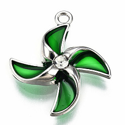 Green Rack Plating Alloy Pendants, with Epoxy Resin and Crystal Rhinestone, Windmill Charms, Platinum, Cadmium Free & Lead Free, Green, 19.5x17x4mm, Hole: 1.4mm