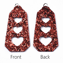 Dark Red PU Leather Big Pendants, with Sequins/ Paillettes and Platinum Tone Iron Jump Rings, Polygon with Heart, Dark Red, 62x31x2mm, Hole: 5mm