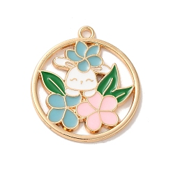 Pink Подвески из эмали и сплава, золотые, плоская круглая с подвеской в виде кролика, розовые, 30x27x1.5 мм, отверстие : 2 мм