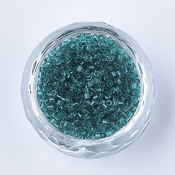 Dark Cyan Glass Cylinder Beads, Seed Beads, Transparent Colours, Round Hole, Dark Cyan, 1.5~2x1~2mm, Hole: 0.8mm, about 8000pcs/bag, about 85~95g/bag