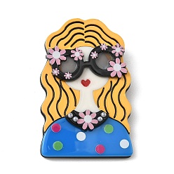 Gold Girl with Wavy Hair & Sunglasses Acrylic Portrait Brooches for Backpack Clothes, with 304 Stainless Steel Pins, Gold, 69x44mm