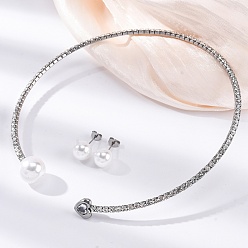 Нержавеющая Сталь Цвет Круглые пластиковые серьги-гвоздики с имитацией жемчуга и колье-чокер с сердечками из кубического циркония и стразами, 304 комплект украшений из нержавеющей стали для женщин, цвет нержавеющей стали, внутренний диаметр: 4.43 дюйм (112.5 мм)
