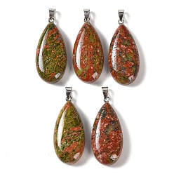 Unakite Natural Unakite Pendants, with 304 Stainless Steel Snap on Bails, Teardrop Charm, 44x20x9mm, Hole: 7x4mm