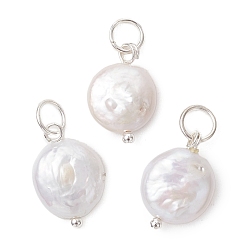 Серебро Подвески из натурального барочного жемчуга кеши, плоские круглые подвески с 304 фурнитурой из нержавеющей стали, белые, серебряные, 14~15x9~10x4.5 мм, Перейти кольцо: 5.5x0.8 мм, внутренний диаметр: 4 мм