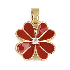 Красный Латунные микро проложить кубического циркония подвески, с эмалью, подвески в виде четырехлистного клевера, долговечный, стойки покрытие, без свинца и без кадмия, красные, 17x16x3 мм, отверстие : 5.5x3 мм