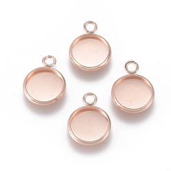 Rose Gold 201 Stainless Steel Pendant Cabochon Settings, Plain Edge Bezel Cups, Flat Round, Rose Gold, Tray: 10mm, 15x12x2mm, Hole: 2.2mm