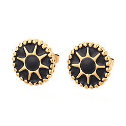 Черный Плоские круглые с солнцем 304 серьги-гвоздики из нержавеющей стали с эмалью, ионное покрытие (ip), реальный 18 k позолоченный, чёрные, 14 мм