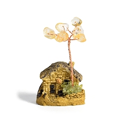 Цитрин Украшения дисплей смолы, энергетический камень рейки фэн-шуй украшение, с натуральным цитриновым деревом и медной проволокой, дом, 38x30x55~65 мм