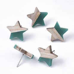 Dark Cyan Resin & Wood Stud Earrings, with 304 Stainless Steel Pin, Star, Dark Cyan, 17x18mm, Pin: 0.7mm
