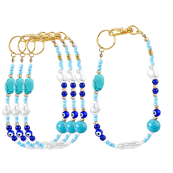 (52) Непрозрачная лаванда Брелок из стекла, синтетической бирюзы и АБС-пластика с имитацией жемчуга, с железными кольцами и поворотными карабинами из сплава, разноцветные, 310 мм