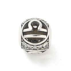 Весы Латунные прозрачные фианиты европейские бусины, бусины с большим отверстием, рондель с двенадцатью созвездиями, античное серебро, Весы, 11.5 мм, отверстие : 4.5 мм