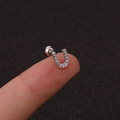 Letter U 316l серьги для хряща из хирургической нержавеющей стали с микропаве из прозрачного кубического циркония, цвет нержавеющей стали, Буква U, 6 мм, штифты : 1.2 мм