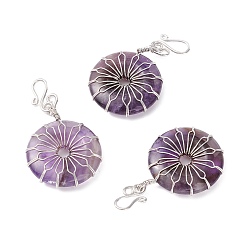 Amethyst Natural Amethyst Big Pendants, with Platinum Plated Brass Wires Wrapped, Flat Round, 50~53.5x30~31x7.5mm, Hole: 7.55mm