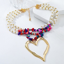 Разноцветный Бусины из синтетической бирюзы в стиле бохо 3 многослойные ожерелья, с пластиковым искусственным жемчугом и большим кулоном в виде сердца из сплава, красочный, 14.76~15.16 дюйм (37.5~38.5 см)