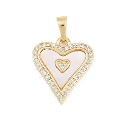 Настоящее золото 18K Подвески из латуни с микро-паве ко Дню святого Валентина, прозрачные циркониевые подвески, с естественной оболочке, сердце прелести, без кадмия и без свинца, реальный 18 k позолоченный, 18.5x16.5x2 мм, отверстие : 3.5x6 мм