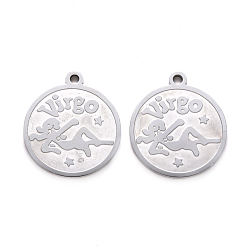 Virgo Non-Tarnish 201 Stainless Steel Pendants, Flat Round with Twelve Constellation, Laser Cut, Stainless Steel Color, Virgo, 25x22x1.5mm, Hole: 2mm