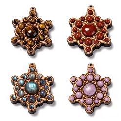Mixed Stone Beech Wood Pendants, with Natural Mixed Gemstone Beads, Star, 45x36.5x11.5mm, Hole: 1mm