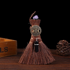 Плоский Круглый Мини-деревянный кулон с метлой ведьмы викки, украшения, автомобильные подвесные украшения, бусы с аметистом, плоско-круглые, 150x100 мм