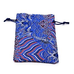 Синий Шелковые мешки, сумка для шнурка, прямоугольник с волны шаблон, синие, 14.2x10x0.4 см