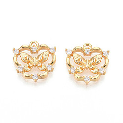 Настоящее золото 18K Латунные микро проложить кубического циркония подвески, бабочка, реальный 18 k позолоченный, 16x15.5x3.5 мм, отверстие : 1.4 мм